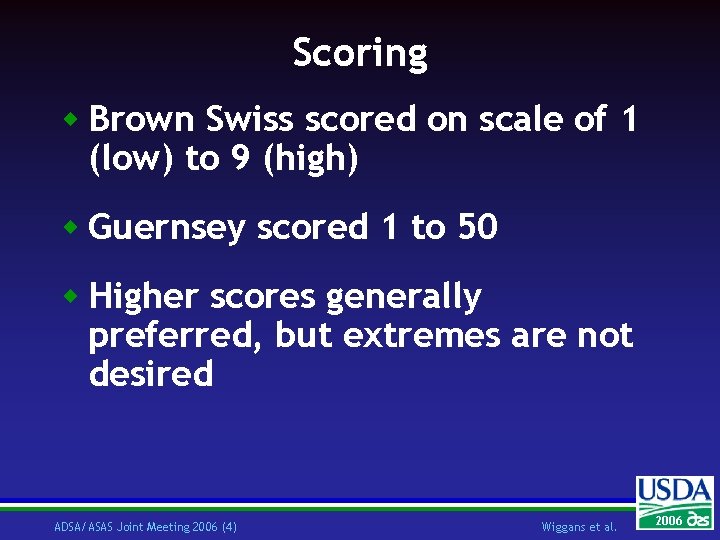 Scoring w Brown Swiss scored on scale of 1 (low) to 9 (high) w