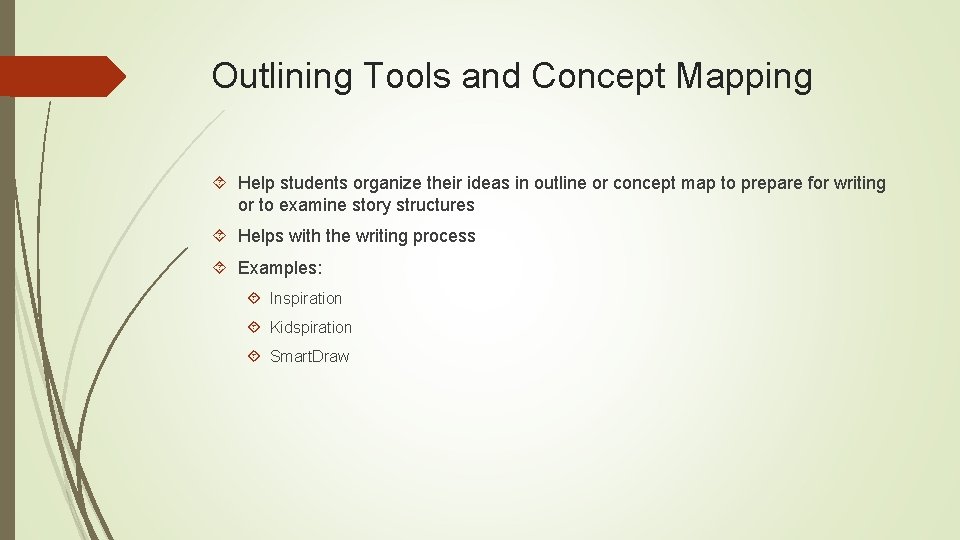 Outlining Tools and Concept Mapping Help students organize their ideas in outline or concept