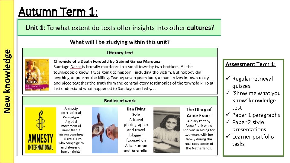 New knowledge Autumn Term 1: Assessment Term 1: ü Regular retrieval quizzes ü ‘Show