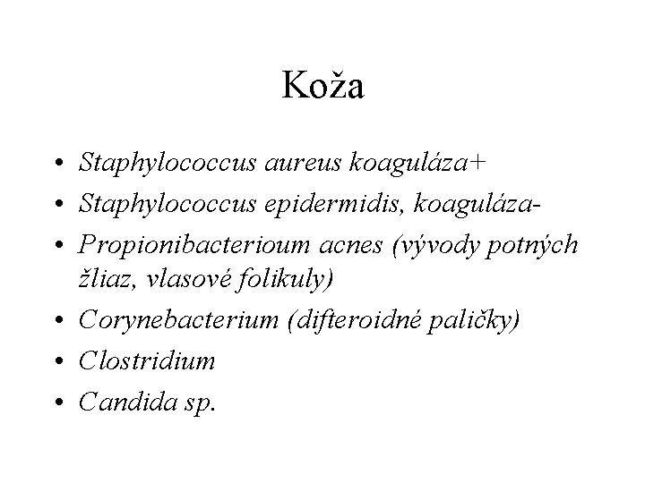 Koža • Staphylococcus aureus koaguláza+ • Staphylococcus epidermidis, koaguláza • Propionibacterioum acnes (vývody potných
