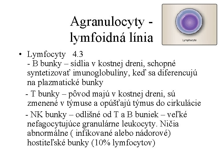 Agranulocyty lymfoidná línia • Lymfocyty 4. 3 - B bunky – sídlia v kostnej