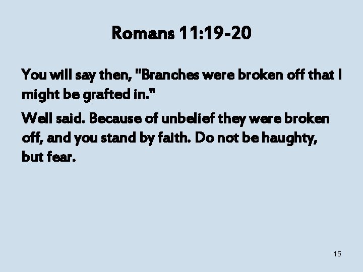 Romans 11: 19 -20 You will say then, "Branches were broken off that I