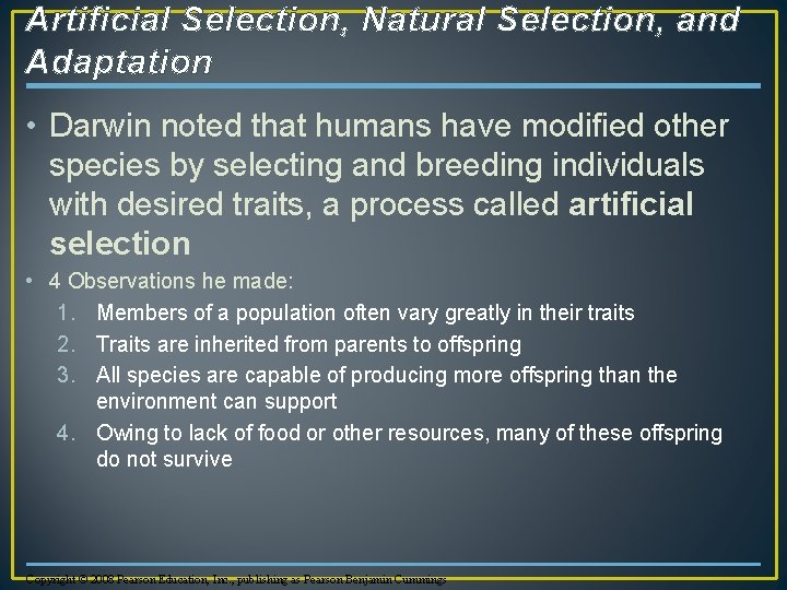 Artificial Selection, Natural Selection, and Adaptation • Darwin noted that humans have modified other