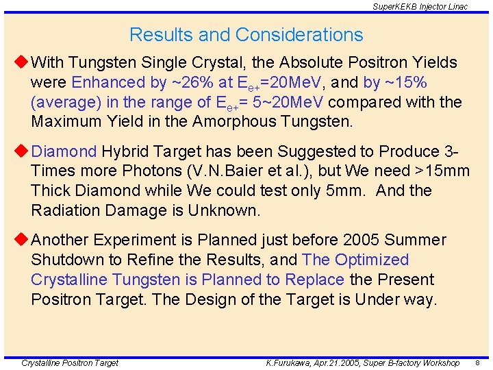 Super. KEKB Injector Linac Results and Considerations u With Tungsten Single Crystal, the Absolute