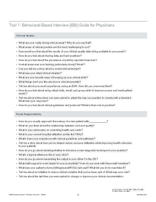 Tool 1: Behavioral-Based Interview (BBI) Guide for Physicians Clinical Quality • What are your