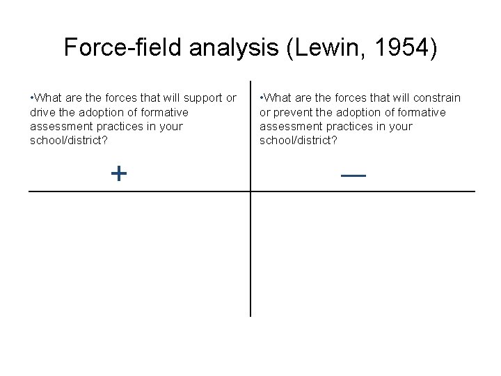 Force-field analysis (Lewin, 1954) • What are the forces that will support or drive