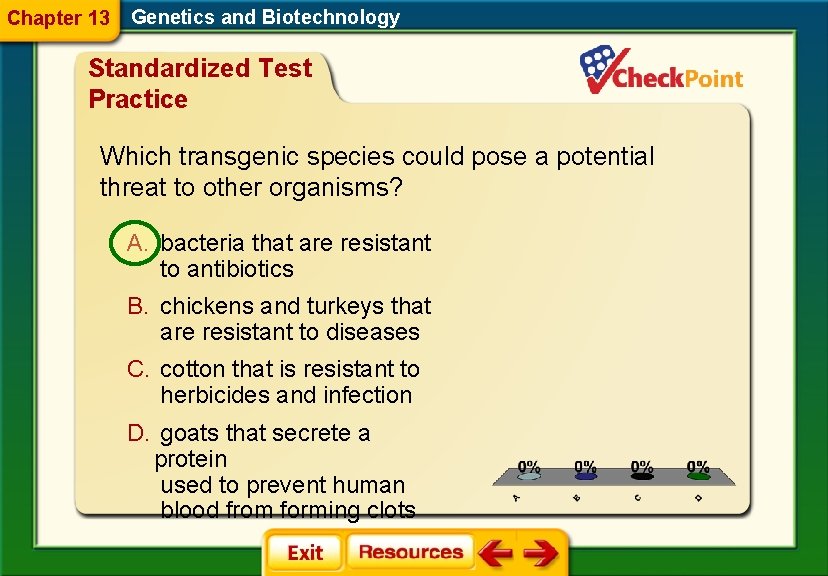 Chapter 13 Genetics and Biotechnology Standardized Test Practice Which transgenic species could pose a