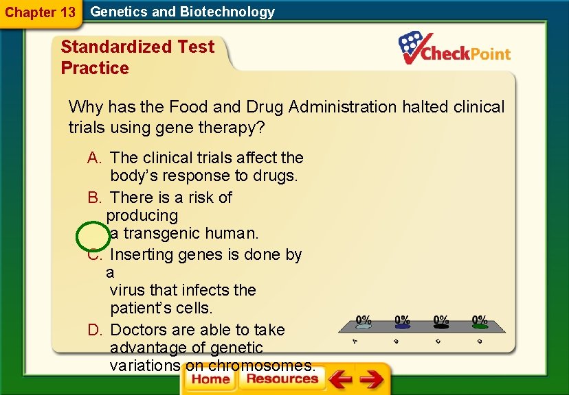 Chapter 13 Genetics and Biotechnology Standardized Test Practice Why has the Food and Drug