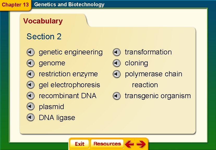 Chapter 13 Genetics and Biotechnology Vocabulary Section 2 genetic engineering transformation genome restriction enzyme