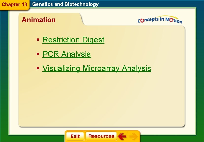 Chapter 13 Genetics and Biotechnology Animation § Restriction Digest § PCR Analysis § Visualizing