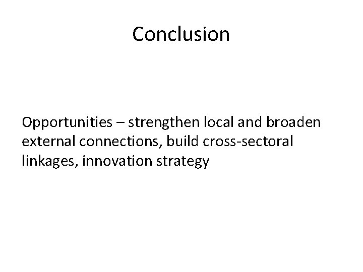 Conclusion Opportunities – strengthen local and broaden external connections, build cross‐sectoral linkages, innovation strategy
