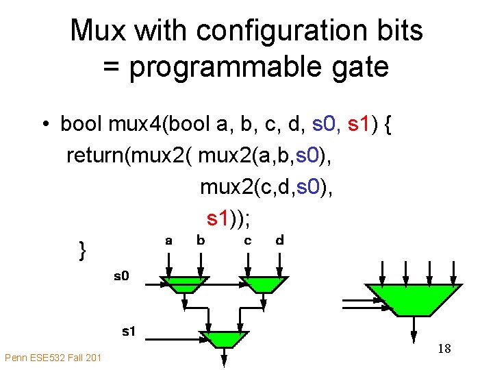 Mux with configuration bits = programmable gate • bool mux 4(bool a, b, c,