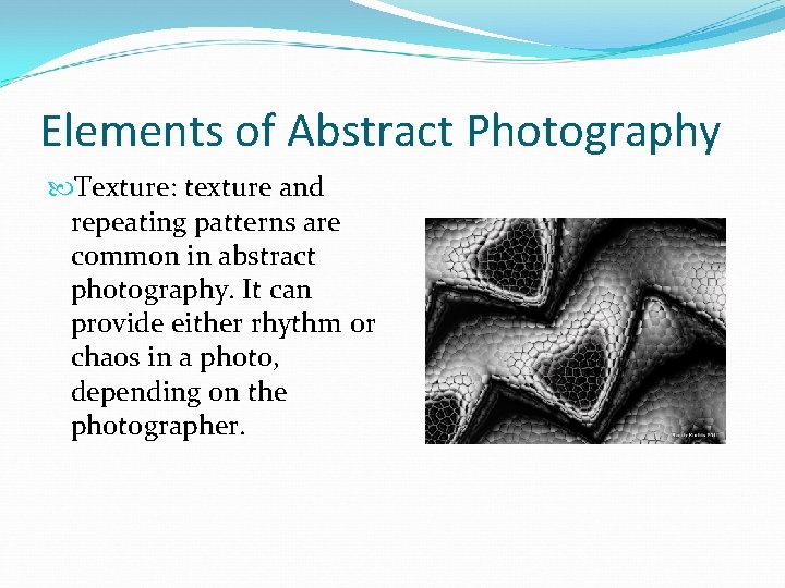 Elements of Abstract Photography Texture: texture and repeating patterns are common in abstract photography.