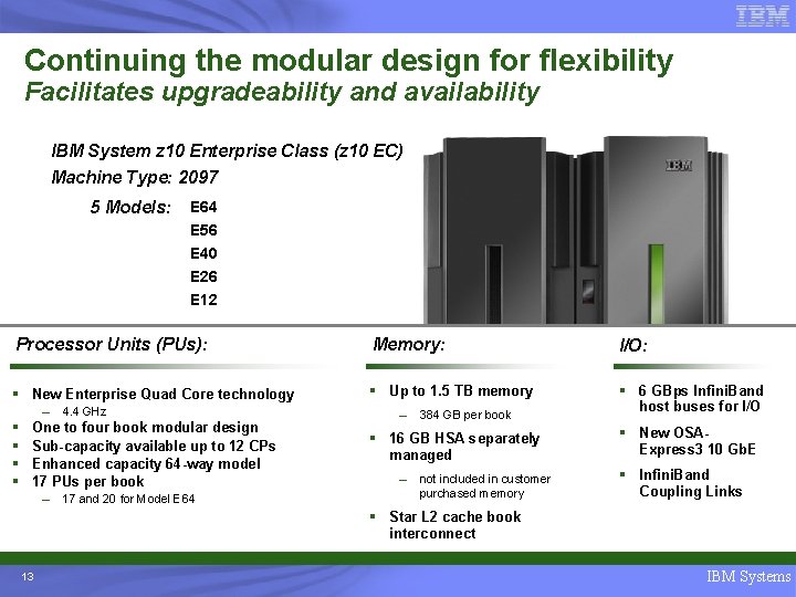 Continuing the modular design for flexibility Facilitates upgradeability and availability IBM System z 10
