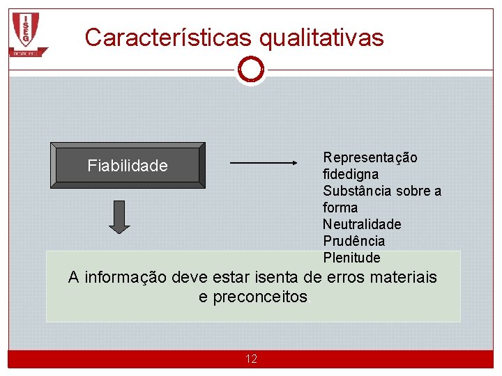 Características qualitativas Representação fidedigna Substância sobre a forma Neutralidade Prudência Plenitude Fiabilidade A informação