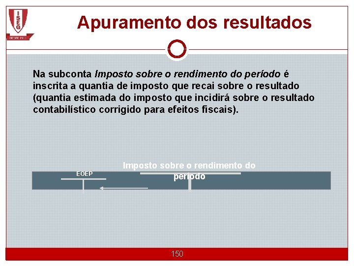 Apuramento dos resultados Na subconta Imposto sobre o rendimento do período é inscrita a