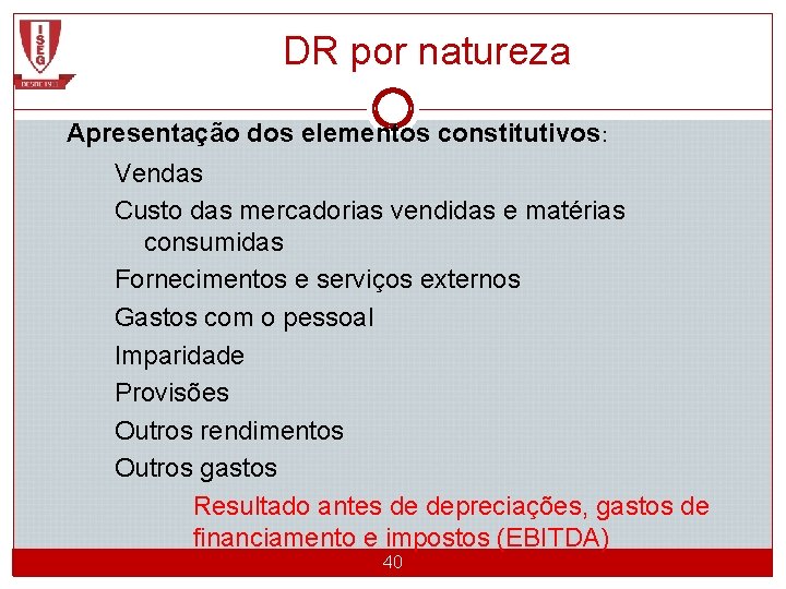 DR por natureza Apresentação dos elementos constitutivos: Vendas Custo das mercadorias vendidas e matérias