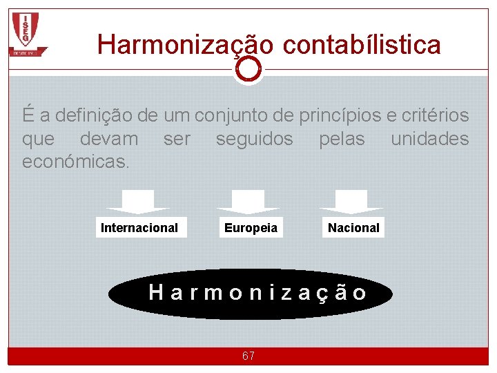 Harmonização contabílistica É a definição de um conjunto de princípios e critérios que devam
