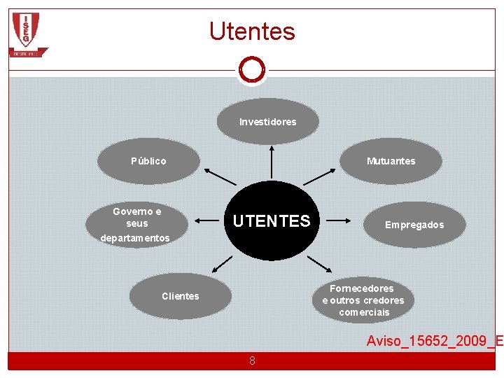 Utentes Investidores Público Governo e seus departamentos Mutuantes UTENTES Empregados Fornecedores e outros credores