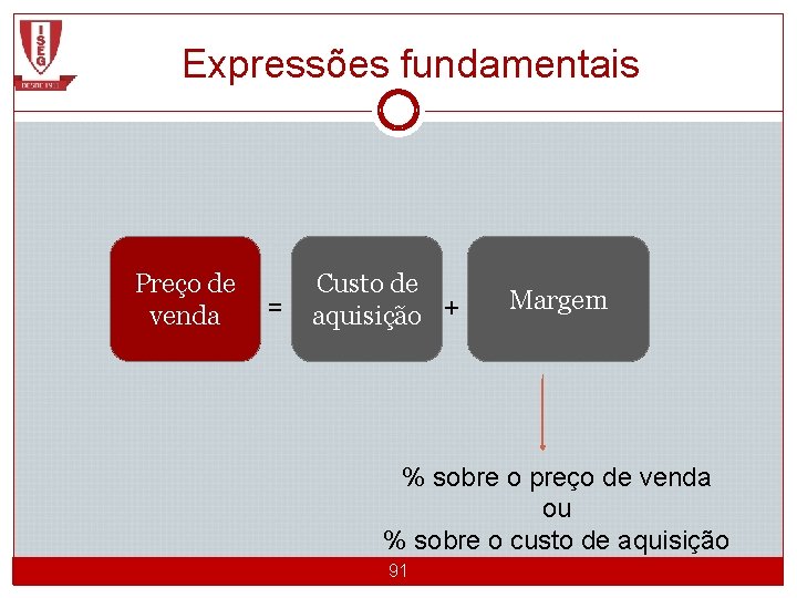 Expressões fundamentais Preço de venda = Custo de aquisição + Margem % sobre o