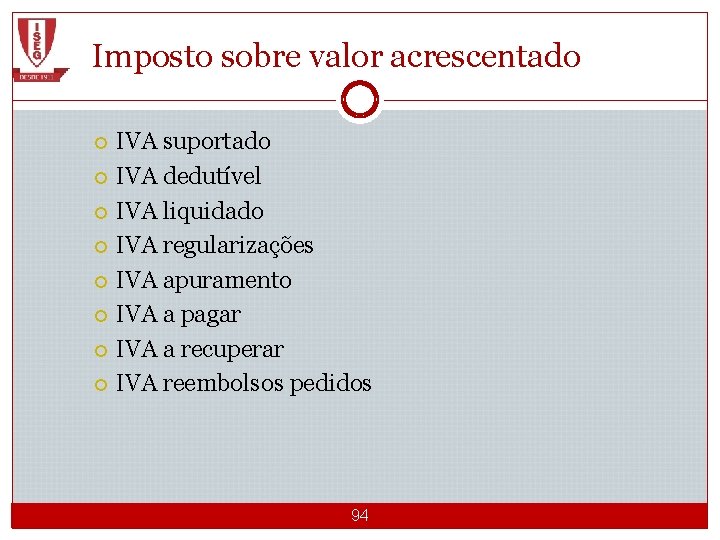 Imposto sobre valor acrescentado IVA suportado IVA dedutível IVA liquidado IVA regularizações IVA apuramento