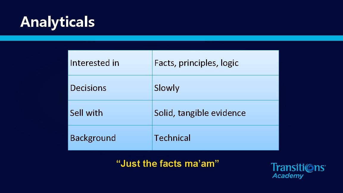 Analyticals Interested in Facts, principles, logic Decisions Slowly Sell with Solid, tangible evidence Background