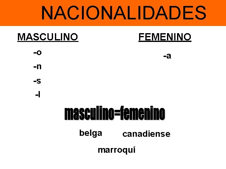 NACIONALIDADES FEMENINO MASCULINO -o -a -n -s -l belga canadiense marroquí 