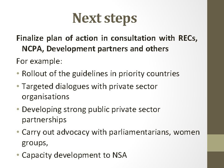 Next steps Finalize plan of action in consultation with RECs, NCPA, Development partners and