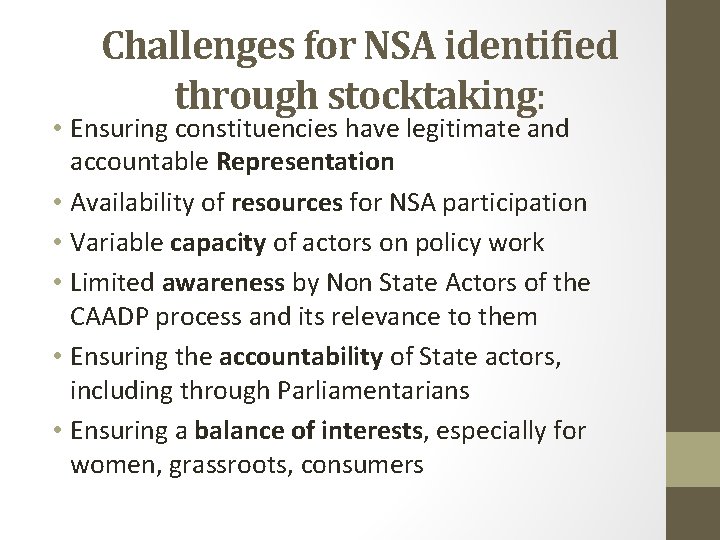 Challenges for NSA identified through stocktaking: • Ensuring constituencies have legitimate and accountable Representation