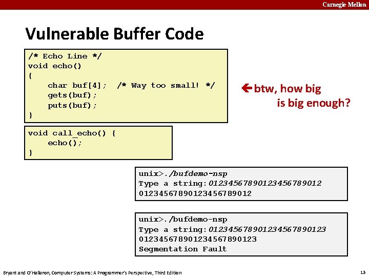 Carnegie Mellon Vulnerable Buffer Code /* Echo Line */ void echo() { char buf[4];