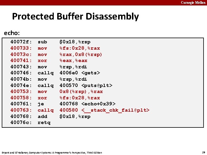 Carnegie Mellon Protected Buffer Disassembly echo: 40072 f: 400733: 40073 c: 400741: 400743: 400746: