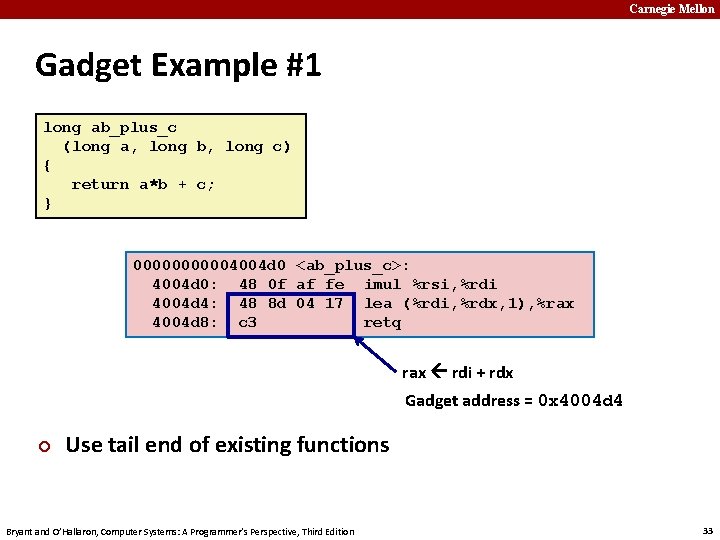 Carnegie Mellon Gadget Example #1 long ab_plus_c (long a, long b, long c) {