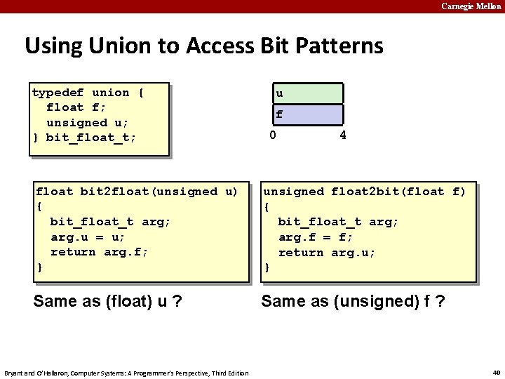 Carnegie Mellon Using Union to Access Bit Patterns typedef union { float f; unsigned