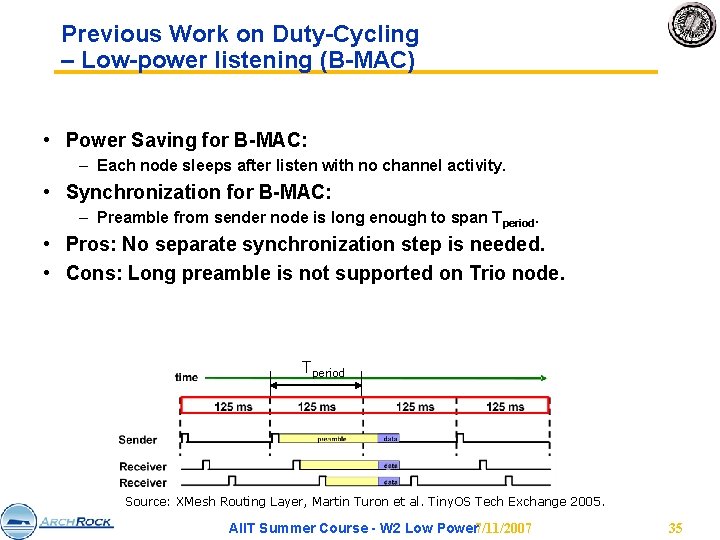 Previous Work on Duty-Cycling – Low-power listening (B-MAC) • Power Saving for B-MAC: –
