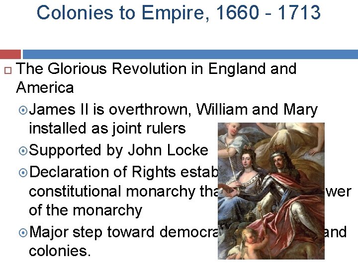 Colonies to Empire, 1660 - 1713 The Glorious Revolution in England America James II