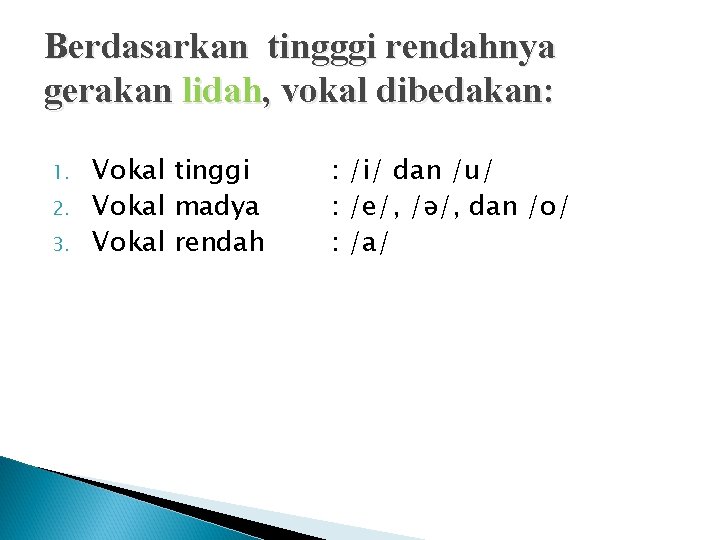 Berdasarkan tingggi rendahnya gerakan lidah, vokal dibedakan: 1. 2. 3. Vokal tinggi Vokal madya