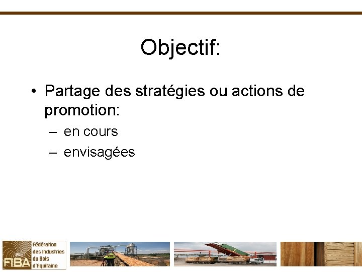 Objectif: • Partage des stratégies ou actions de promotion: – en cours – envisagées