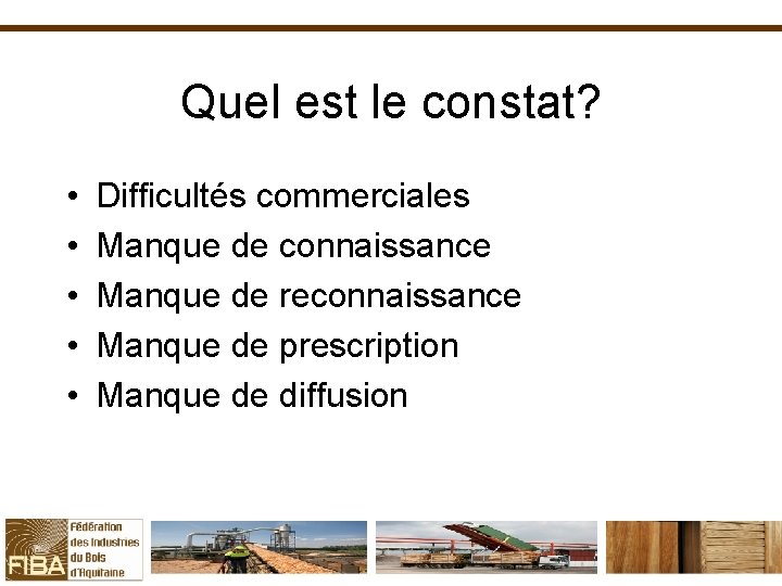 Quel est le constat? • • • Difficultés commerciales Manque de connaissance Manque de