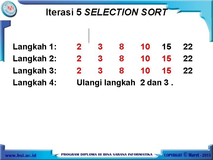 Iterasi 5 SELECTION SORT Langkah 1: Langkah 2: Langkah 3: Langkah 4: 2 3