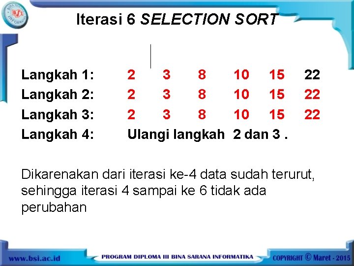 Iterasi 6 SELECTION SORT Langkah 1: Langkah 2: Langkah 3: Langkah 4: 2 3