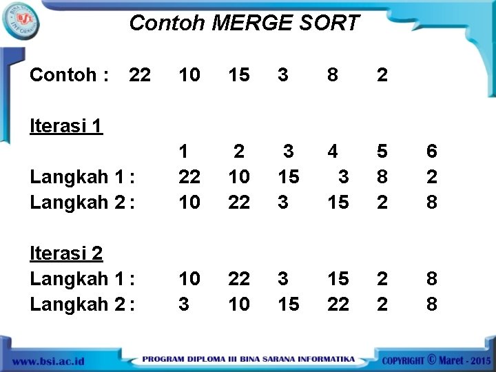 Contoh MERGE SORT Contoh : 22 10 15 3 8 2 Langkah 1 :