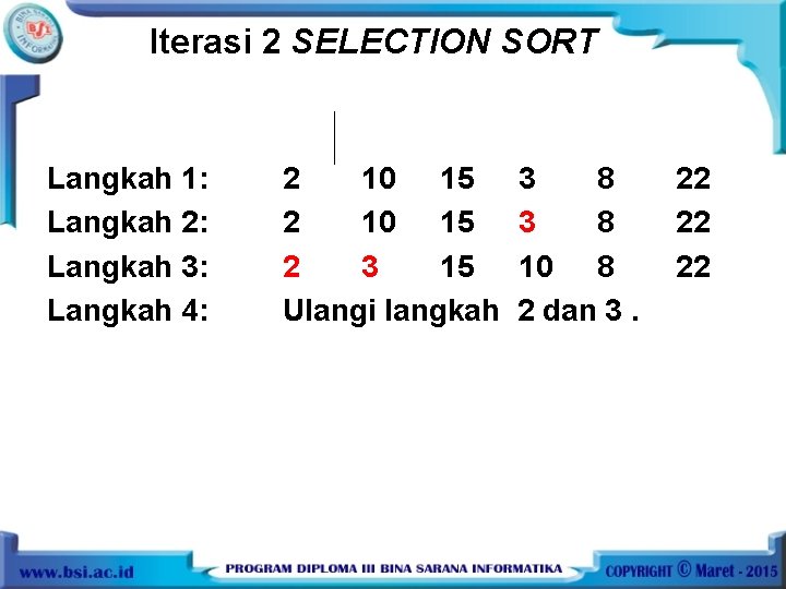 Iterasi 2 SELECTION SORT Langkah 1: Langkah 2: Langkah 3: Langkah 4: 2 10