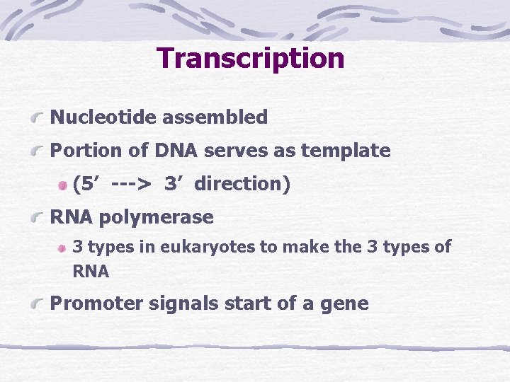 Transcription Nucleotide assembled Portion of DNA serves as template (5’ ---> 3’ direction) RNA