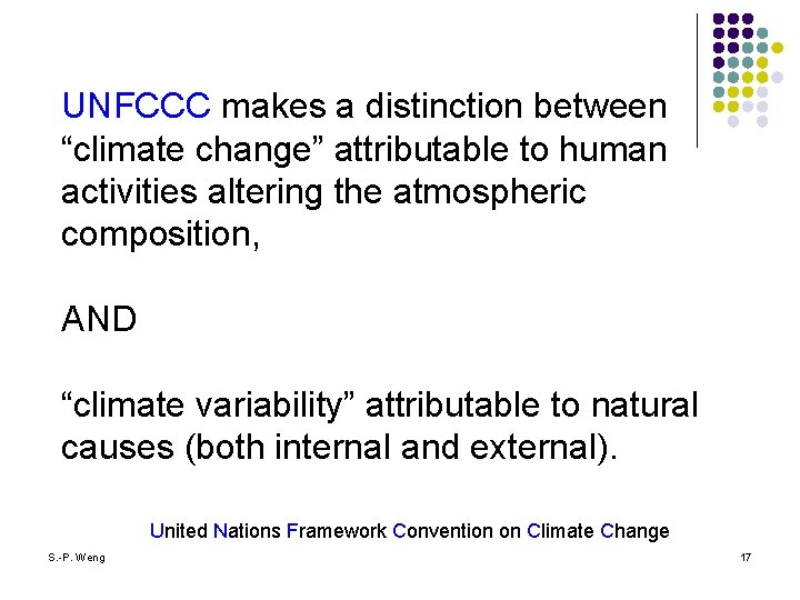 UNFCCC makes a distinction between “climate change” attributable to human activities altering the atmospheric