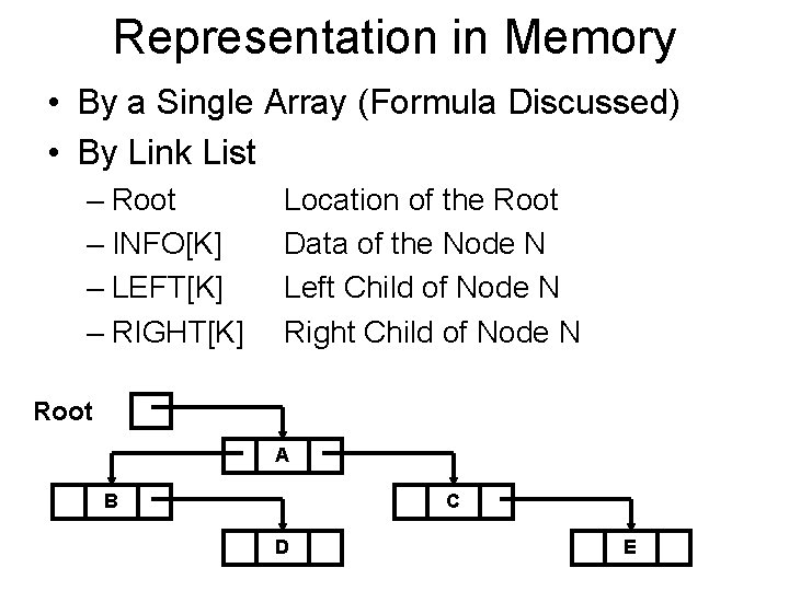 Representation in Memory • By a Single Array (Formula Discussed) • By Link List