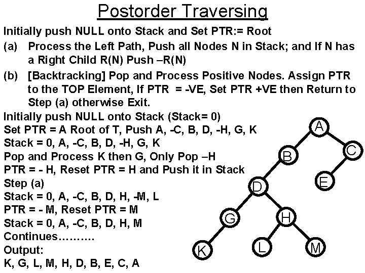 Postorder Traversing Initially push NULL onto Stack and Set PTR: = Root (a) Process