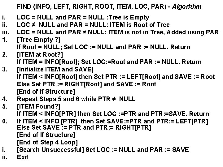 FIND (INFO, LEFT, RIGHT, ROOT, ITEM, LOC, PAR) - Algorithm i. iii. 1. 2.