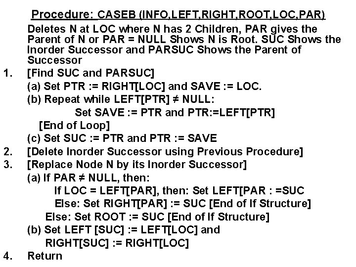 Procedure: CASEB (INFO, LEFT, RIGHT, ROOT, LOC, PAR) 1. 2. 3. 4. Deletes N