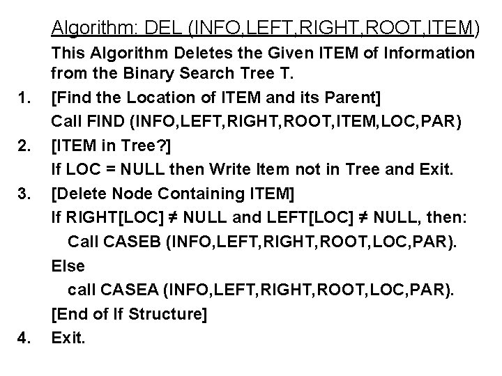 Algorithm: DEL (INFO, LEFT, RIGHT, ROOT, ITEM) 1. 2. 3. 4. This Algorithm Deletes