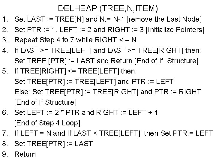 DELHEAP (TREE, N, ITEM) 1. 2. 3. 4. 5. 6. 7. 8. 9. Set